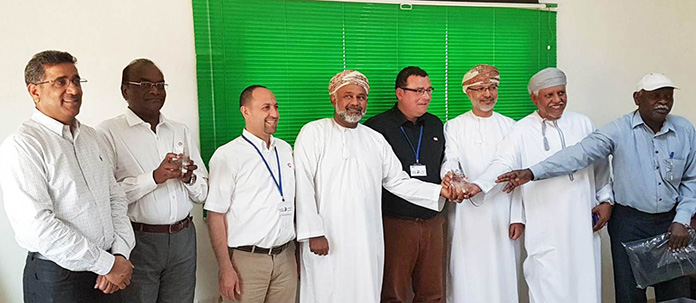 Mohamad Kallas, Cobb Europe (senior accounts manager) third left and Matthew Wilson, Cobb Europe (technical director) fifth left, with A’Saffa Foods senior staff from left to right: Rafique Chaudery (chief finance officer), Dr Reddy (breeder manager), Dr Naser Al Mauwly (chief executive), Mohammed Suheil al Shanfari (chief operating officer), Shanfari (administrative manager), Dr Yassin Al Nour (senior operations manager)